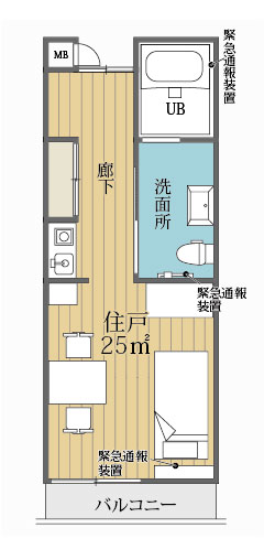 1Kタイプ（キッチン・浴室付き）の居室の間取り