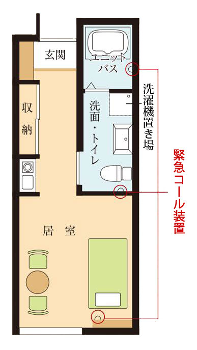 1Kタイプ（キッチン・浴室付き）の居室の間取り